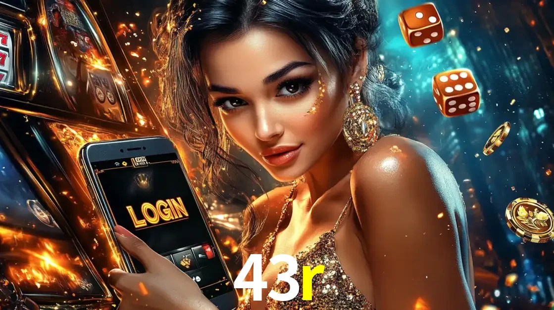 Mulher glamourosa segurando um celular com a tela de login do cassino 43r, rodeada por dados e moedas douradas, pronta para começar a diversão.