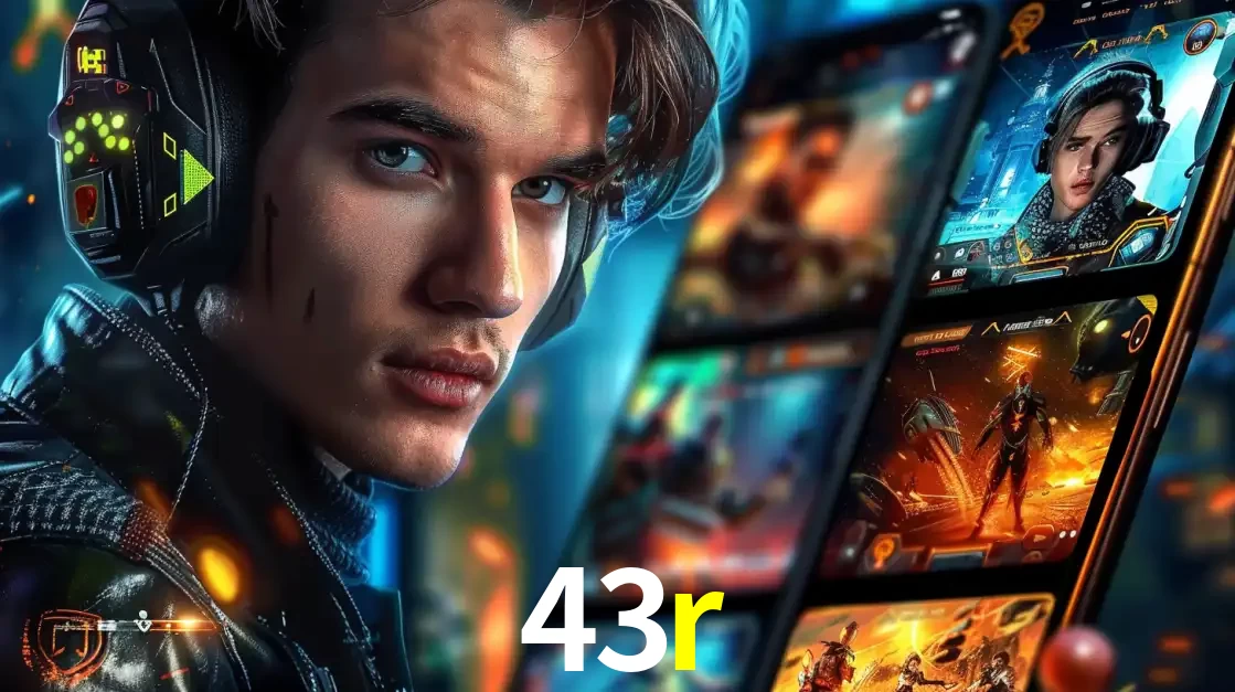 Jovem jogador com fones de ouvido olhando para a câmera, com um aplicativo de jogos e e-sports para celular ao fundo, pronto para a competição e apostas no 43r.