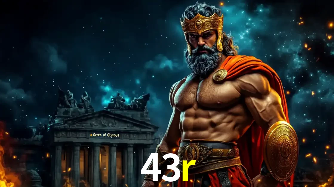 O poderoso Zeus do jogo de slot Gates of Olympus em frente ao seu templo, pronto para lançar multiplicadores divinos e prêmios épicos no cassino online 43r.