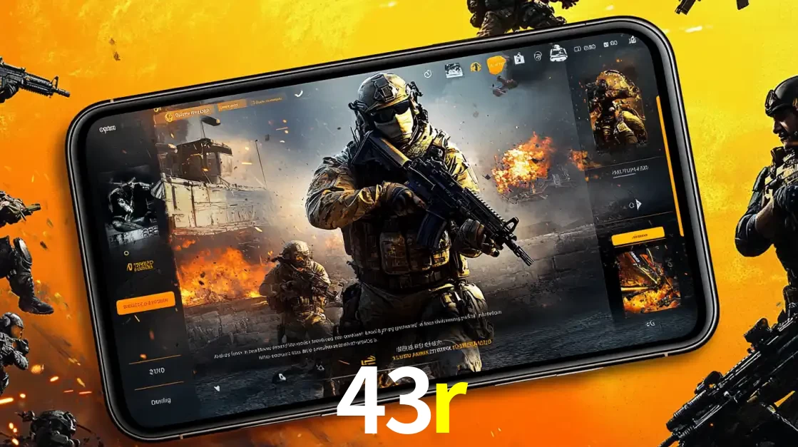 Um smartphone exibindo a interface de um jogo de tiro em primeira pessoa, com um soldado em um cenário de batalha, representando a ação dos e-sports para apostar no 43r.