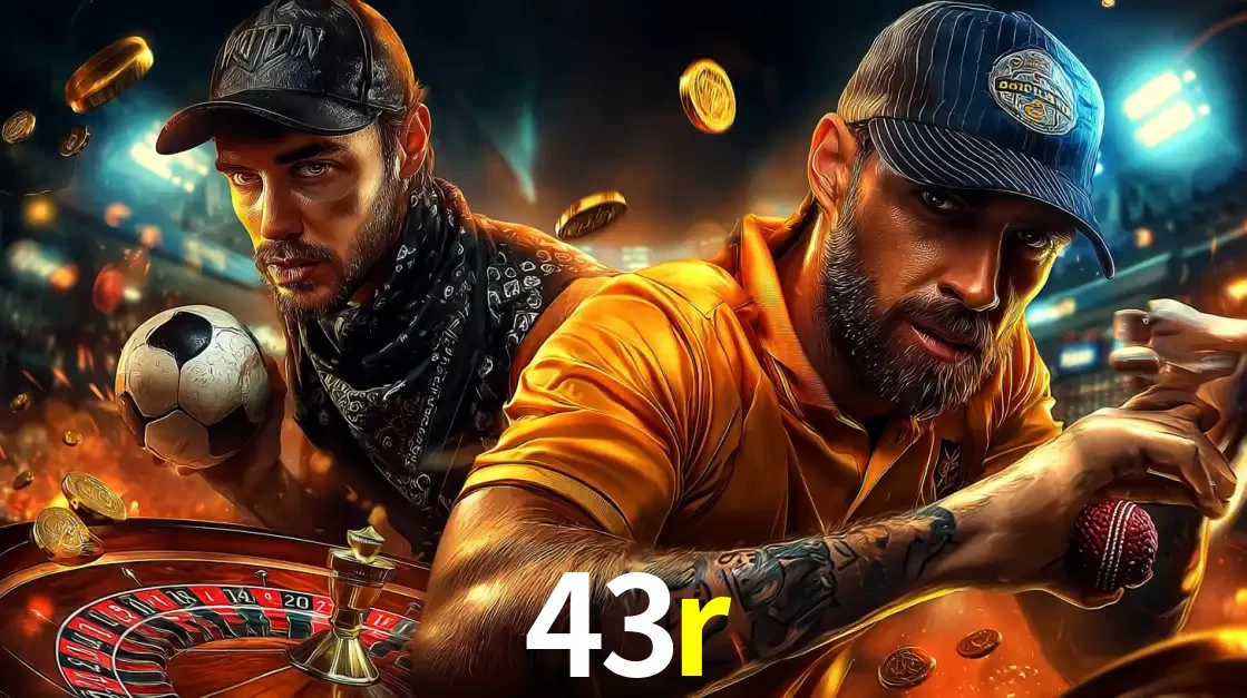 Montagem de apostas esportivas e cassino no 43r, com um homem segurando uma bola de futebol e outro uma de beisebol sobre uma roleta e moedas voadoras.