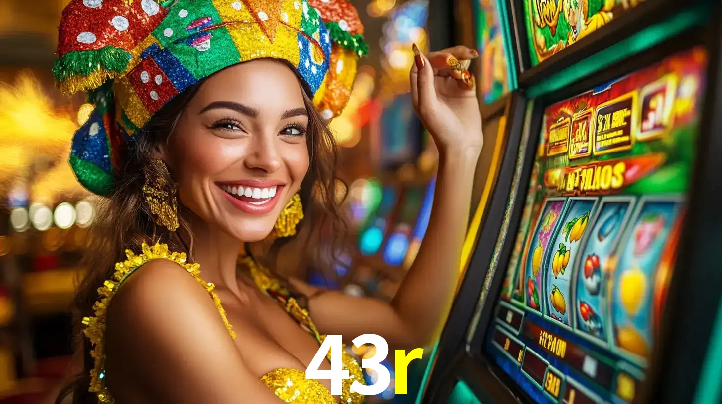 Mulher feliz com traje de carnaval amarelo e colorido ao lado de uma máquina de caça-níqueis, aproveitando a diversão e os jogos temáticos do cassino 43r.