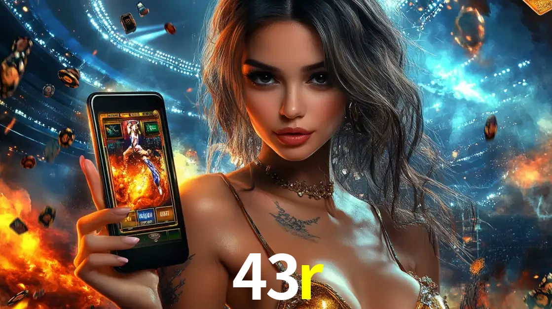 Mulher segurando um celular com um jogo de slot em destaque, tendo como fundo um estádio vibrante, simbolizando a emoção de jogar no cassino móvel 43r.