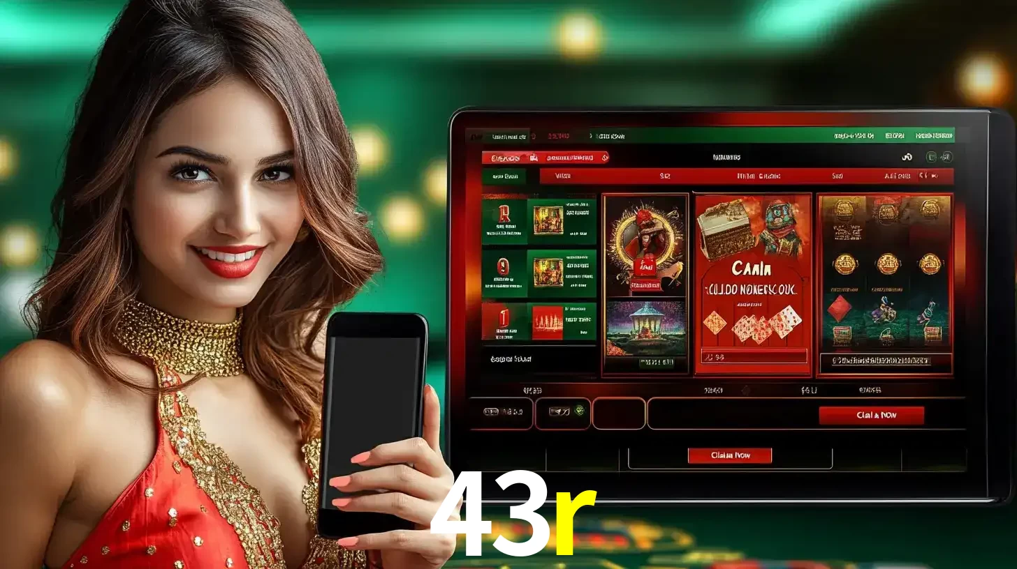 Mulher sorridente segurando um smartphone, ao lado de uma tela exibindo o lobby de jogos do cassino online 43r, com várias opções de jogos de cartas e slots.